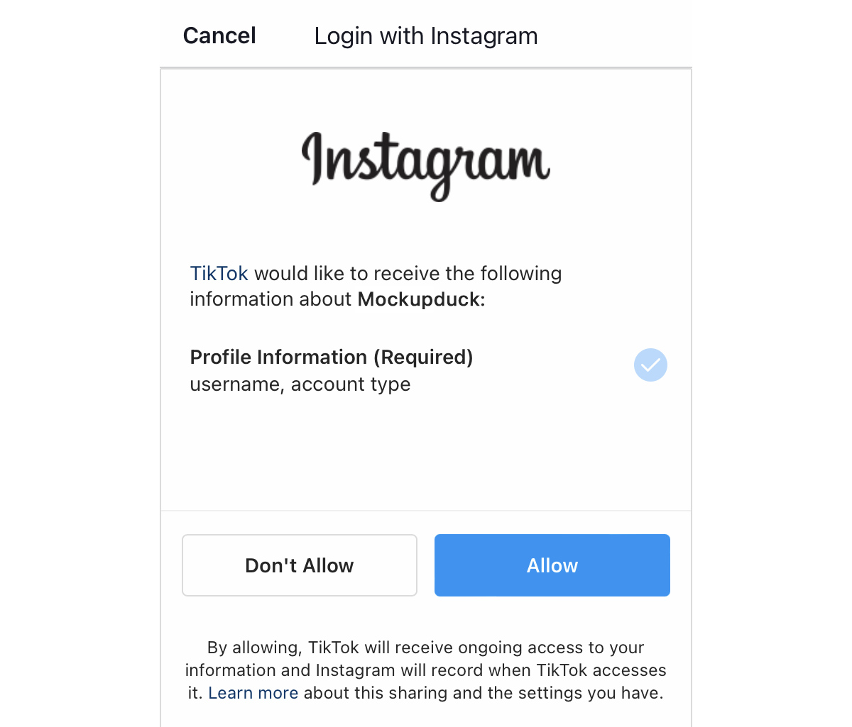 Login with your Instagram account details to share your Instagram profile with TikTok